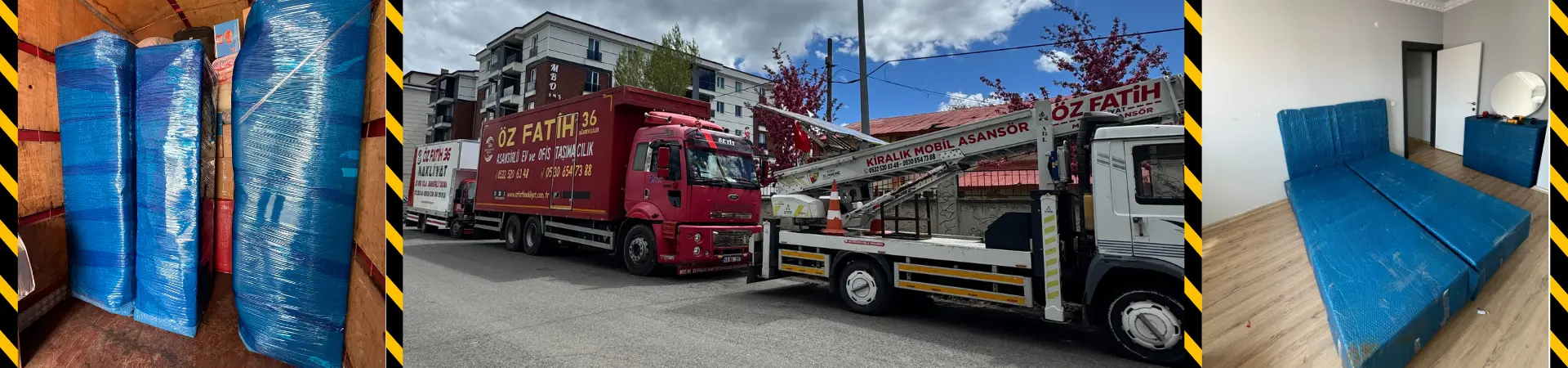 Öz Fatih Nakliyat ekibinin Kars'taki taşıma araçları ve paketlenmiş eşyalar